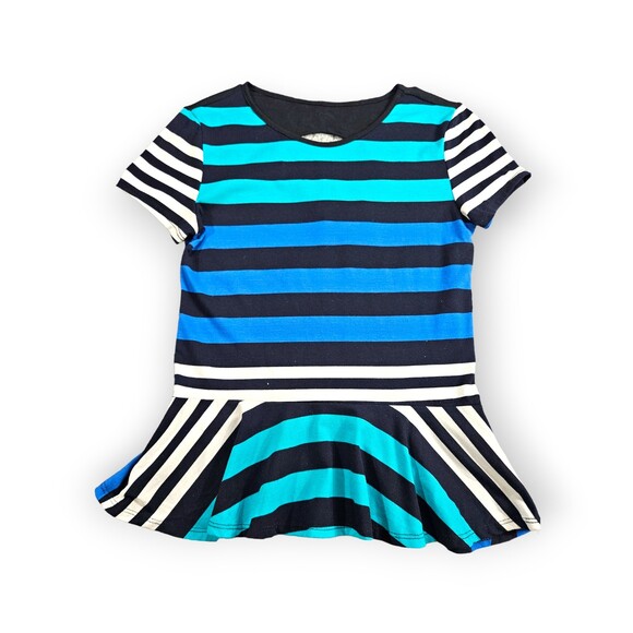 Shelly Blouse Size Medium Blue Peplum Colorblock Striped Keyhole Back Stretchy - Picture 1 of 7